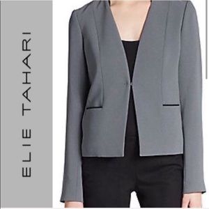 Elie Tahari Nancie Shark Fin Mid Length Zip Back Blazer 6 Grey Black